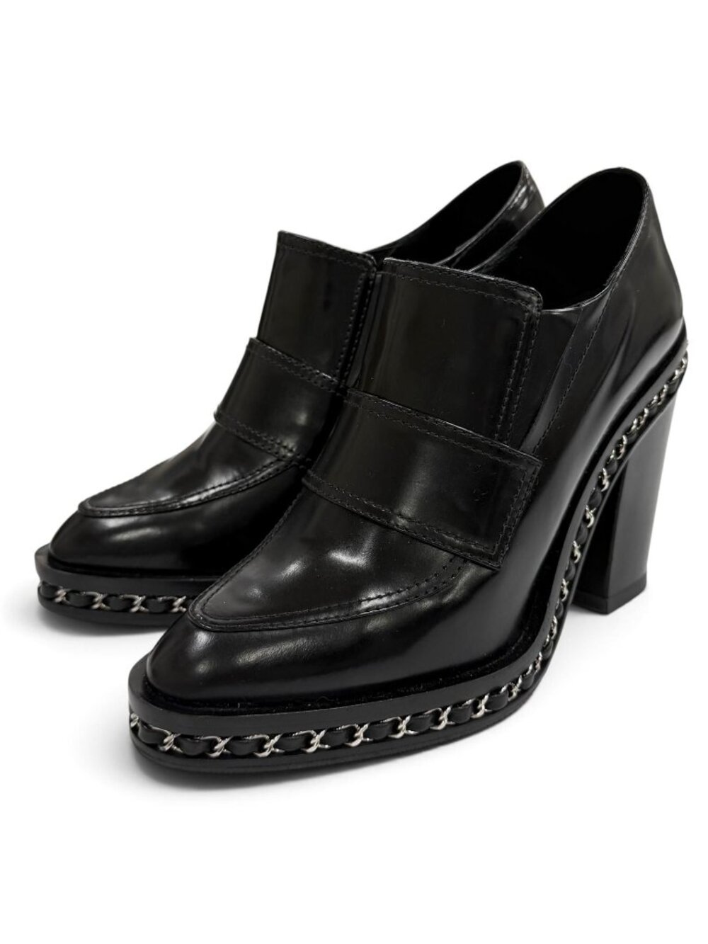 Chanel Leather Loafers Bootie with CC Logo Chain Black Silver Boot 36.5